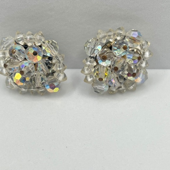 Vintage Aurora Borealis Crystal Clip On Earrings Cocktail Party Statement - Picture 2 of 7